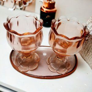 Rare Tulip Shape Pink Glass Candlestick Votive Taper Candle Holders 4-pcs set